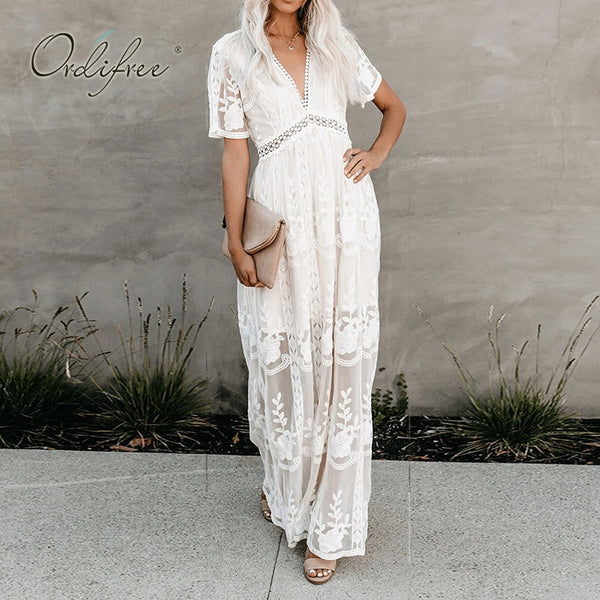 Ordifree 2022 Summer Boho Women Maxi Dress Loose Embroidery White Lace Long Tunic Beach Dress Vacation Holiday Clothes ZopiStyle
