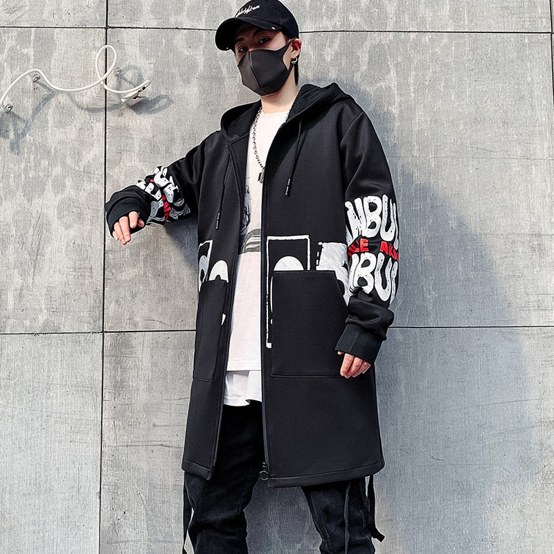 2022 Autumn Men Hooded Jackets Print Harajuku Windbreaker Ribbon Overcoat Male Casual Outwear Hip Hop Streetwear Coats LBZ155 ZopiStyle