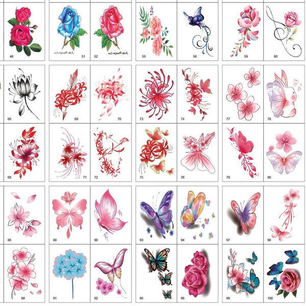 100pcs/Set No Repeat Flowers Butterfly Temporary Tattoos Waterproof Body Art Concealer Stickers Disposable tatouage temporaire ZopiStyle