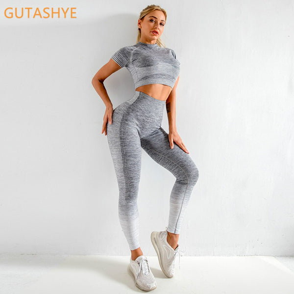 GUTA Women Yoga Sets Yoga Short Sleeve High Waist Sport Leggings Gym Set Yoga Clothes Sports Suit Fitness Top Shirt yoga suit ZopiStyle