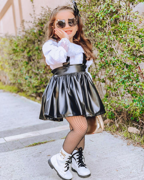 Children&#39;s Clothes Suit Girls Lace Bottoming Shirt +Leather PU Strap Skirt 2 Pcs Spring Autumn Baby Fashion Long-Sleeved Outfits ZopiStyle