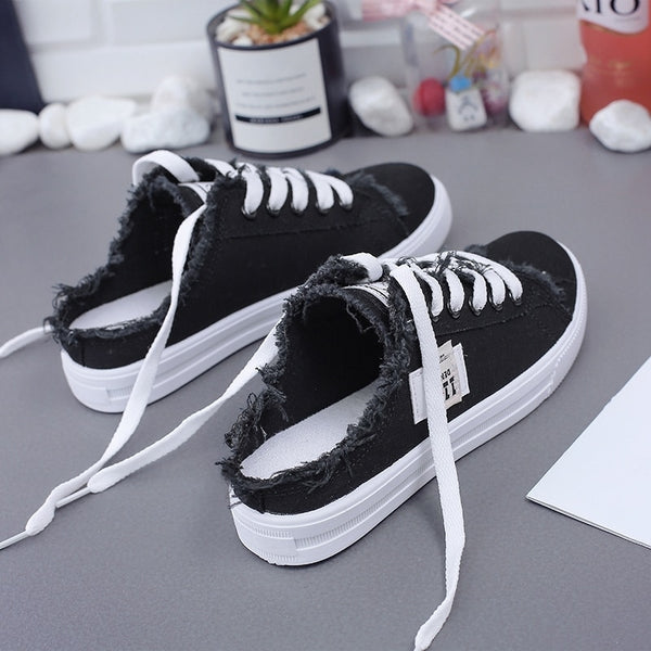 New 2019 Spring Summer Women Canvas Shoes flat sneakers women casual shoes low upper lace up white shoes ZopiStyle