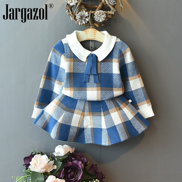 Baby Girls Winter Clothes Set Christmas Outfits Kids Girls Plaid Knit Sweater&amp;skirt Fall Girl Clothing Set Children Costume ZopiStyle