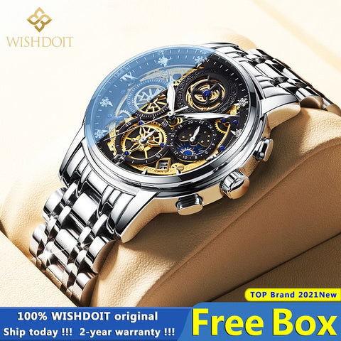 WISHDOIT Original Watch for Men&#39;s Waterproof Stainless Steel Quartz Analog Fashion Business Sun Moon Star Wristwatches Top Brand ZopiStyle