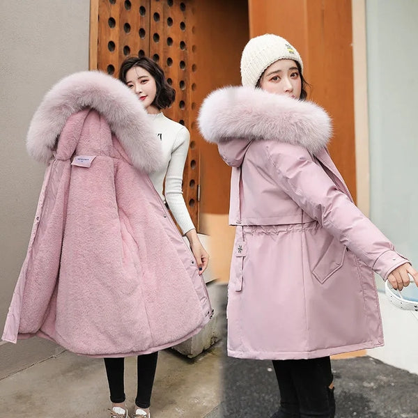 2022 New Winter Jacket Women Parka Fashion Long Coat Wool Liner Hooded Parkas Slim With Fur Collar Warm Snow Wear Padded Clothes ZopiStyle