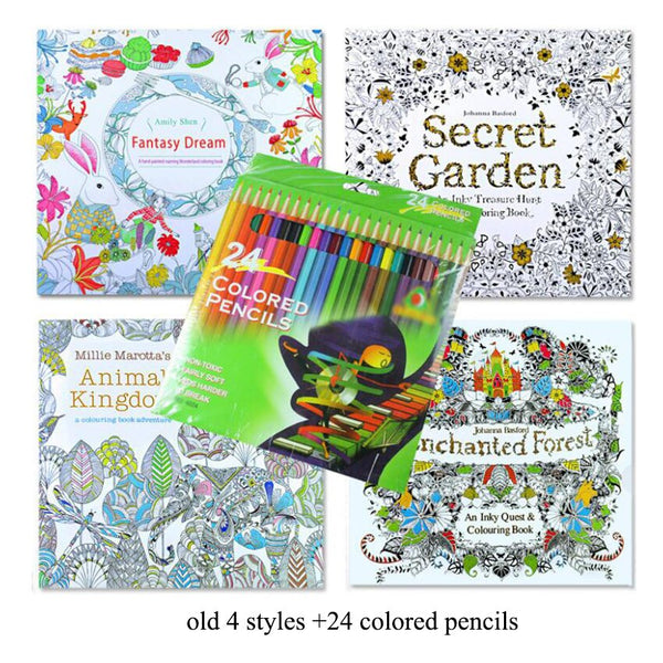 1 Set 4 Coloring Books +12/24 Colored Pencils Kit Creative Drawing Painting Coloring Book For Children Student Graffiti Books ZopiStyle