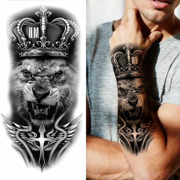 1pc Lion Men Waterproof Temporary Tattoos Fake Stickers Arm Hand Cool Art Black Transfer Clock ZopiStyle
