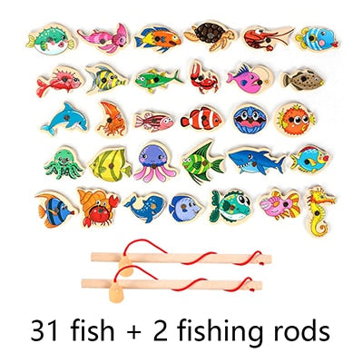 Magnetic Fishing Game Marine Life Cognition Color Number Wooden Toys for Children Montessori Early Educational Parent-child Game ZopiStyle