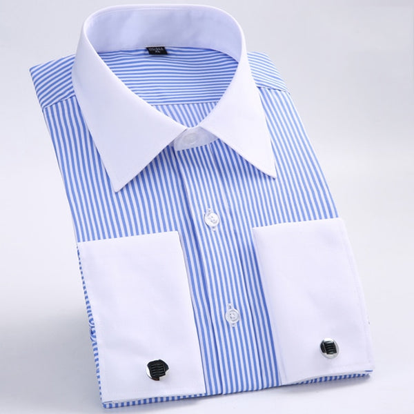 Men&#39;s Classic French Cuffs Striped Dress Shirt Single Patch Pocket Standard-fit Long Sleeve Wedding Shirts (Cufflink Included) ZopiStyle