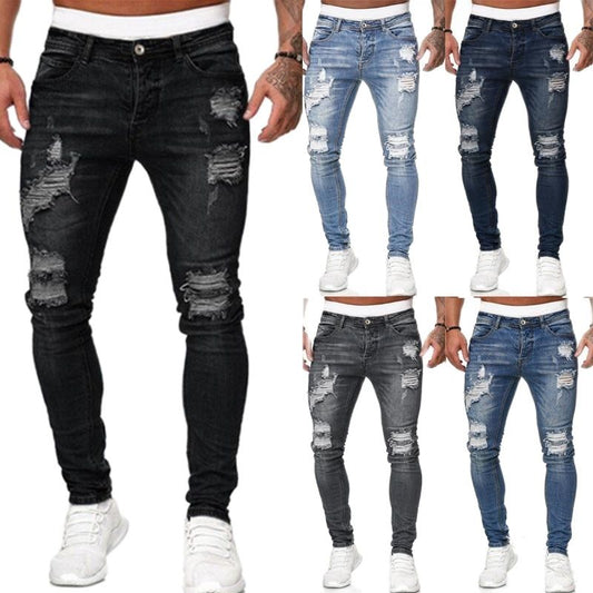 2022 Jeans Men Ripped Skinny Hole Trousers Stretch Slim Denim Pants Large Size Hip Hop Black Blue Casual Jogging Jeans for Men ZopiStyle