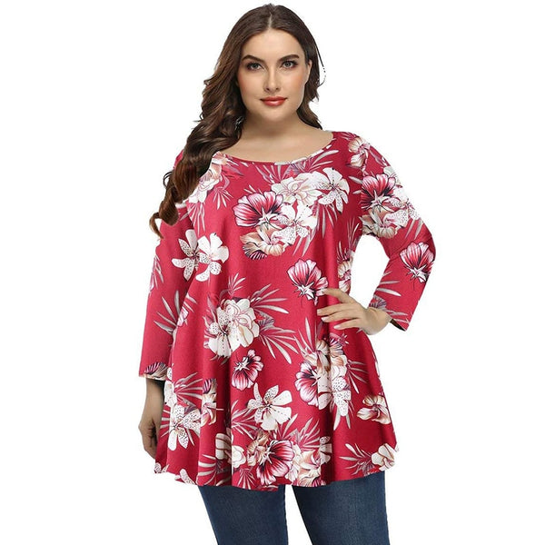 4XL 5XL Plus Size Tops Women 2021 Spring Autumn O Neck Long Sleeve Tie Dye Print Retro Vintage Blouse Loose Big Size Long Blouse ZopiStyle