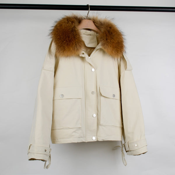Janveny Real Fox Fur Women's Down Jacket 2021 Short Loose 90% White Duck Down Coat Fashion Female Big Pocket Puffer Snow Outwear ZopiStyle