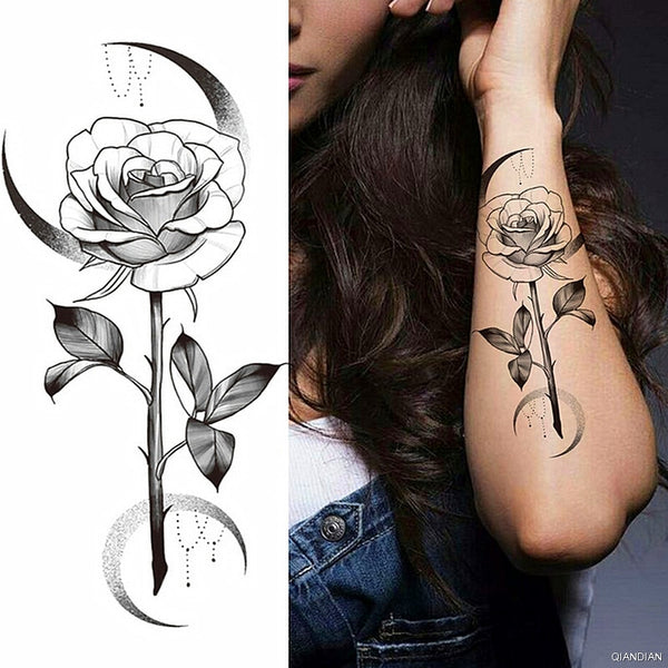 Black Flower Temporary Tattoos Sticker Arm Sleeve Rose Moon Butterfly Snake Henna Body Decorate Realistic Fake 3D Women Totem ZopiStyle