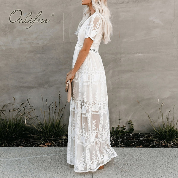 Ordifree 2022 Summer Boho Women Maxi Dress Loose Embroidery White Lace Long Tunic Beach Dress Vacation Holiday Clothes ZopiStyle