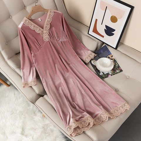 Nightgown Autumn V-Neck Nightdress Women Sleepwear Velvet Nightwear Home Dressing Gown Long Sleeve Intimate Lingerie Negligee ZopiStyle