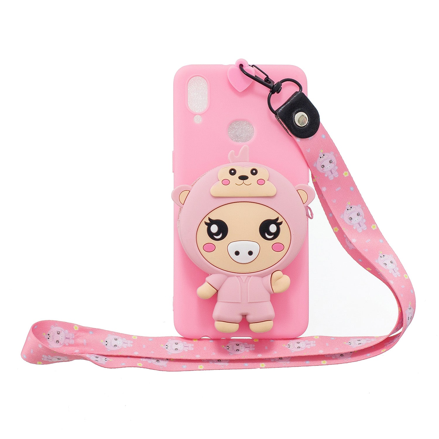 For Samsung A10S A20S TPU Full Protective Cartoon Mobile Phone Cover with Coin Purse+Hanging Lanyard 3 deep pink piglets ZopiStyle