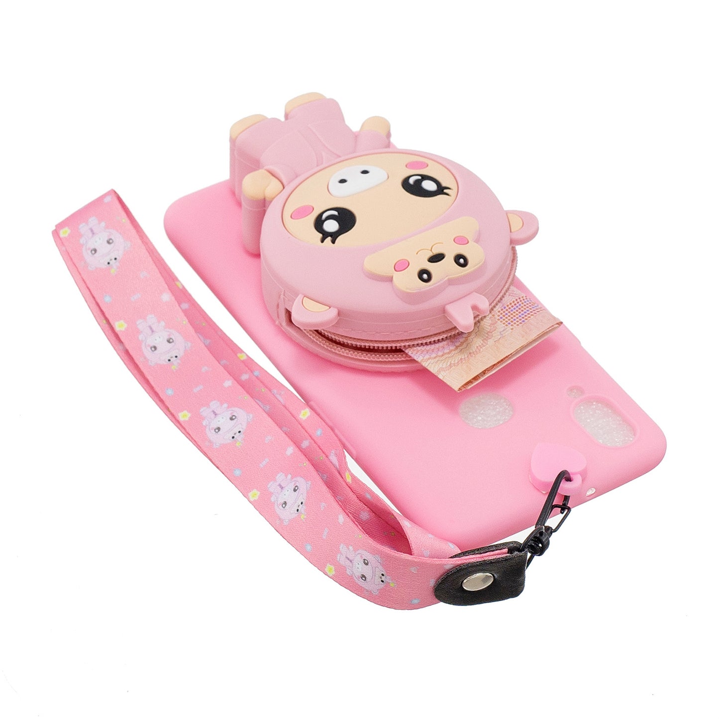 For Samsung A10S A20S TPU Full Protective Cartoon Mobile Phone Cover with Coin Purse+Hanging Lanyard 3 deep pink piglets ZopiStyle