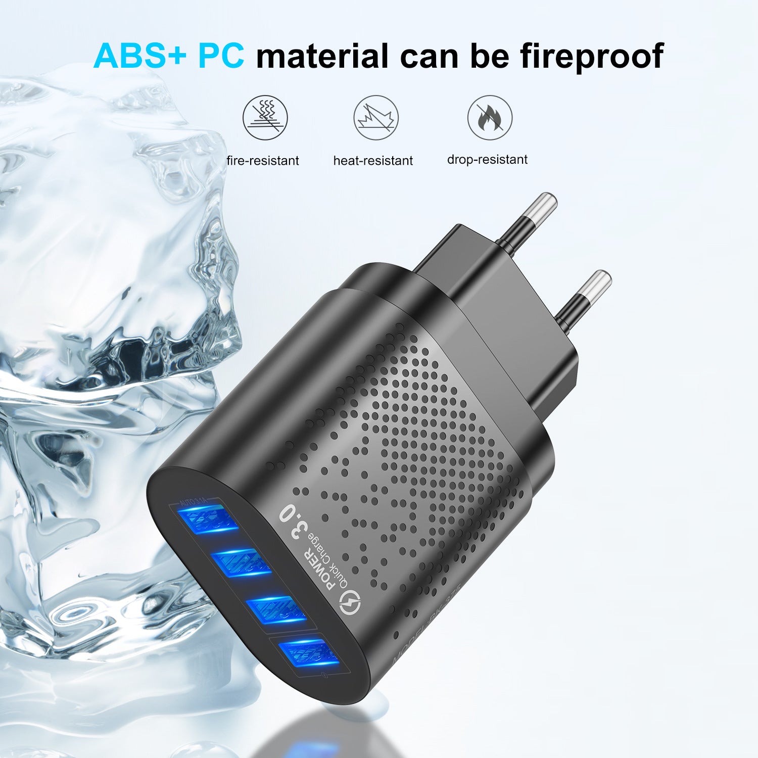 3a 4 Ports Hub Usb  Charger Plug Adapter Fireproof Pc Material Quick Charge Multifunctional Universal Mobile Phone Charger black EU plug ZopiStyle
