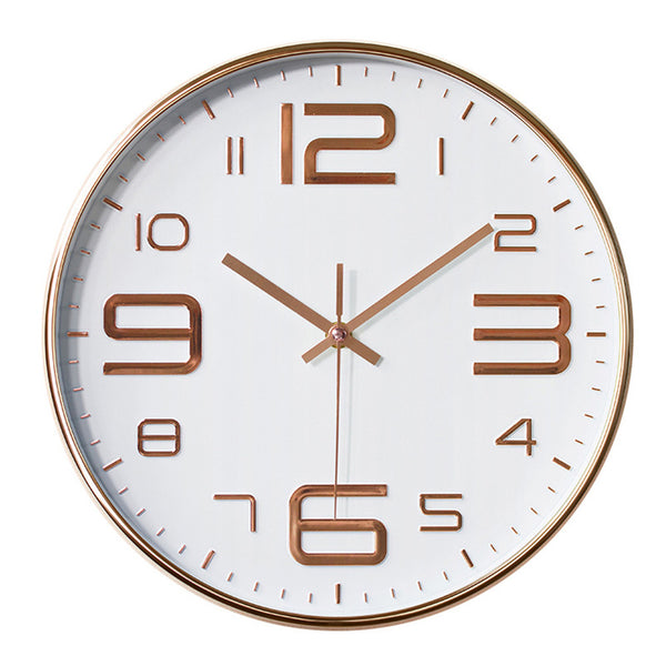 12inch Round Wall Clock Bedroom Kitchen Quartz Silent Sweep  Movement Clocks Rose gold on white ZopiStyle