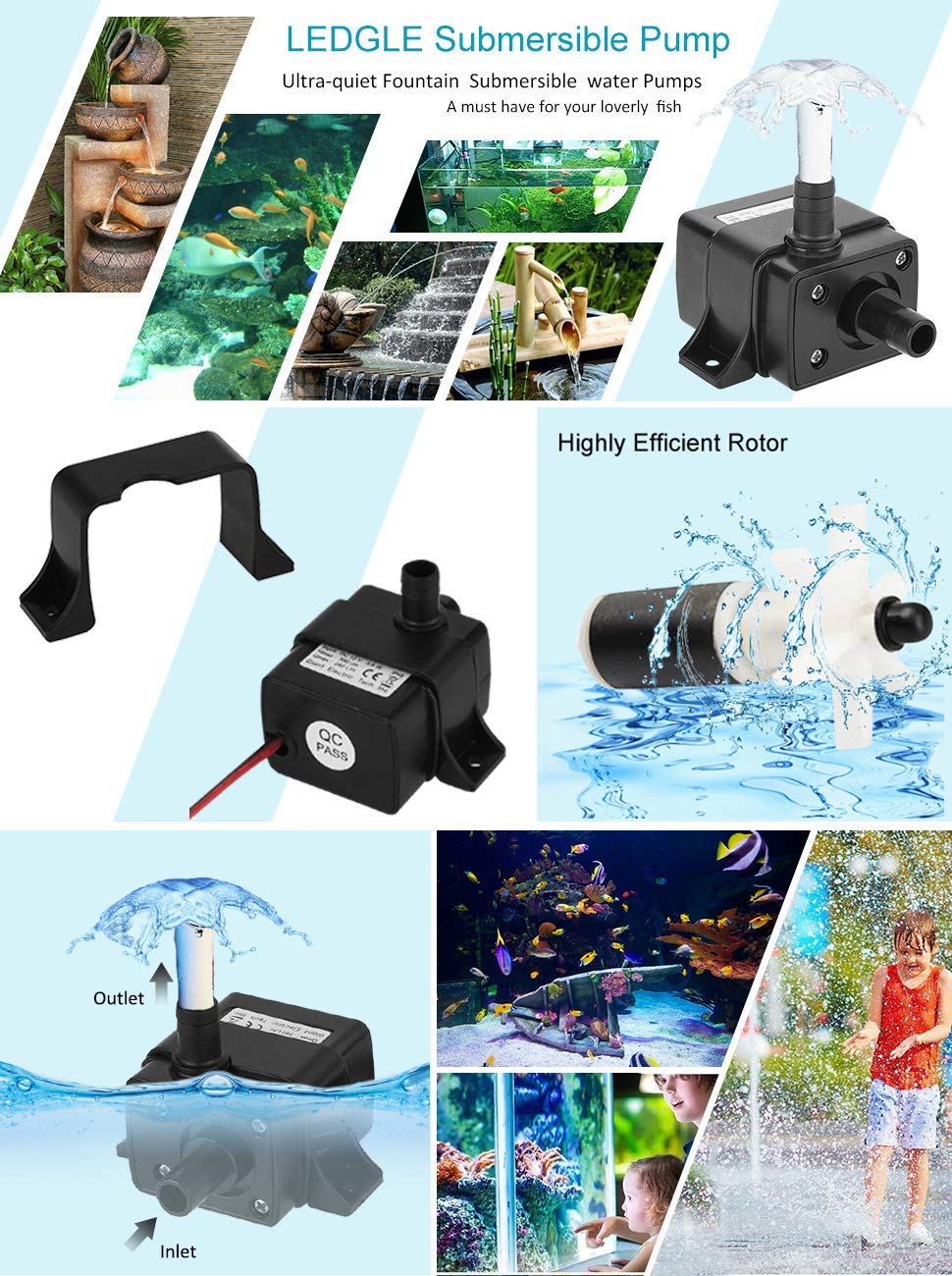 Fish Tank Water Pump Aquarium Water Submersible Oxygen Pump for DC12V 3M 240L/H Supplies black ZopiStyle