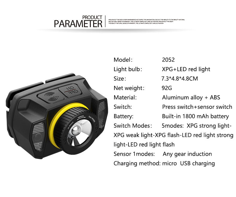 LED Intelligent Induction Headlamp Rotary Zoom Headlight Torch Flashlight black_Model 2052 ZopiStyle