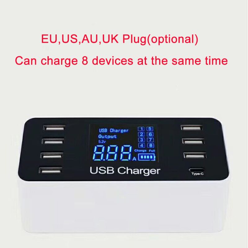 8 Port USB Type C 5V/8A Socket Charger with Voltage Current LCD Display for Smart Mobile Phone Tablet PC  US plug ZopiStyle