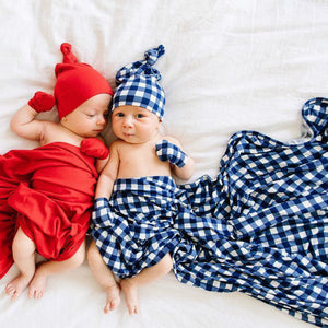 2Pcs/Set Newborn Plaid Printing Swaddle Blanket with Beanie Set Soft Stretchy Towel for Baby Boys Girls Royal blue plaid_80*100cm ZopiStyle