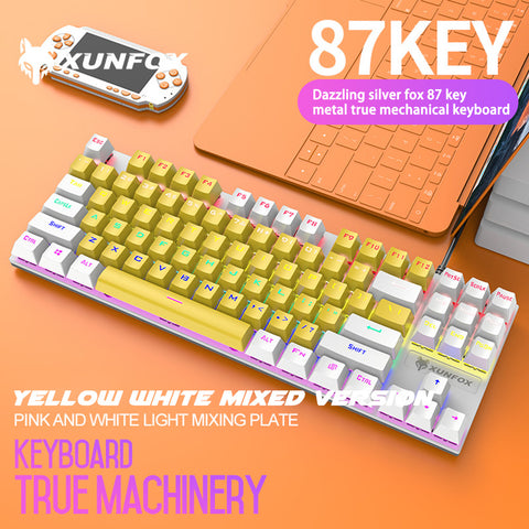K80 Wired Mechanical  Keyboard Cyan Axis Ergonomic Design Metal Panel Luminous Desktop Computer Notebook 87-key Game Keyboard Yellow white ZopiStyle