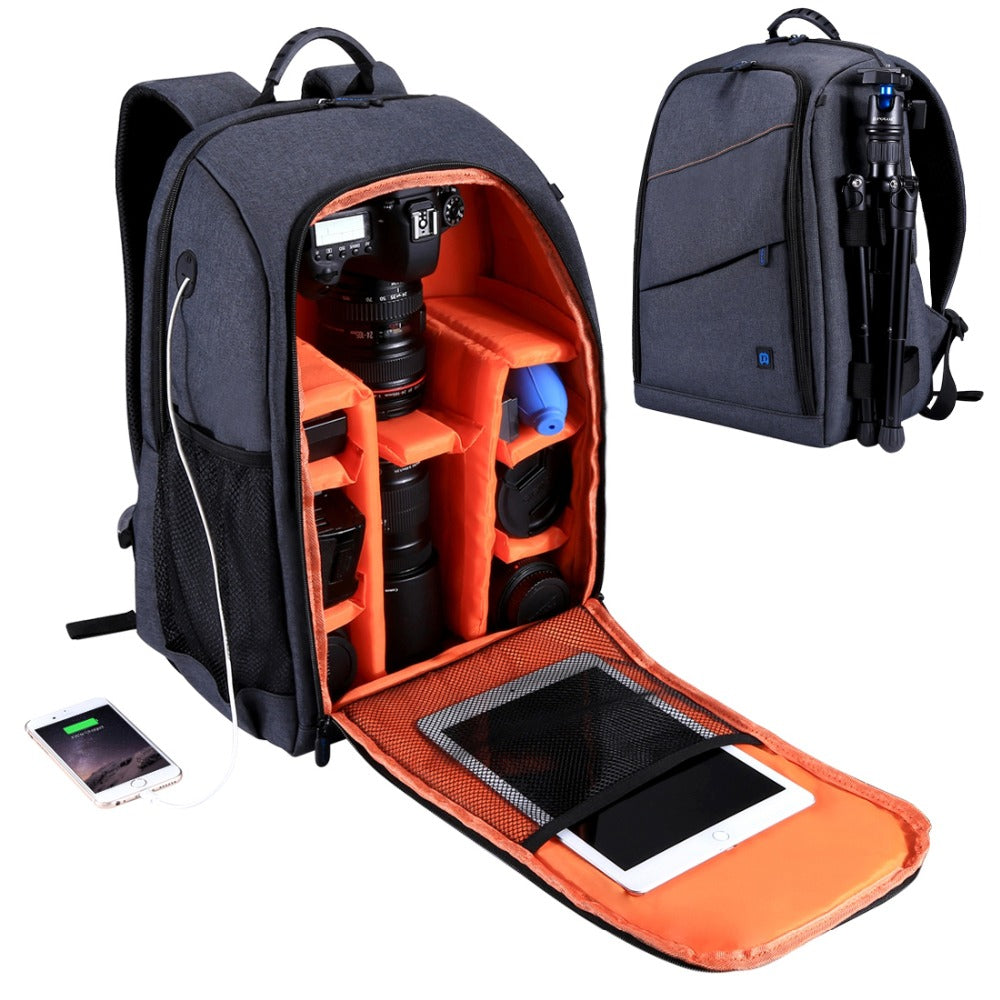 PULUZ Outdoor Portable Waterproof Scratch-proof Dual Shoulder Backpack Camera Bag Digital DSLR Photo Video Bag  gray ZopiStyle