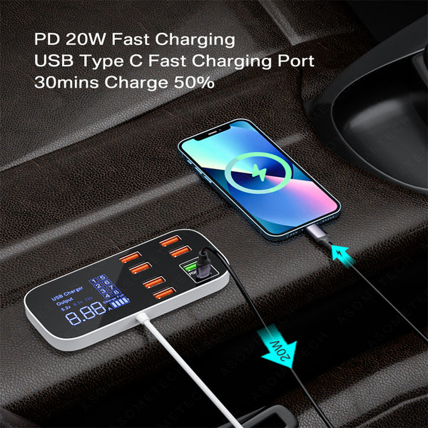 Portable Smart 8 Ports Usb Car  Charger Qc3.0 Pd Fast Charging Mobile Phone Charger 40w 8a Multi Usb Socket With Led Display A9S+ ZopiStyle