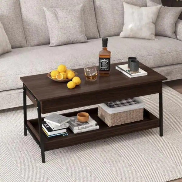 Coffee Table 41.3 In. W 17 In. L Brown Color Rectangular Wood Lift Top Coffee Table with Storage Shelves and Hidden Compartment ZopiStyle
