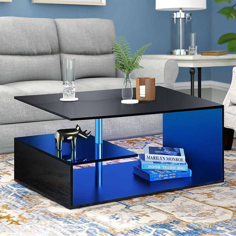 LED Coffee Table Modern High Gloss Tea Table with 3 Tier S-Shaped Open Storage Shelf Black Coffee Tables for Living Room Bedroom ZopiStyle
