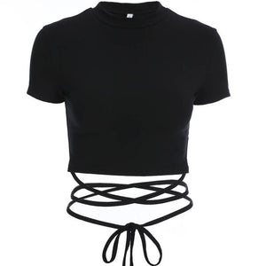 Vintage Women Black Short T-Shirt Sexy Cross Lace-up Crop Top Female Short Sleeve Slim Solid Color O Neck Shirts Streetwear ZopiStyle
