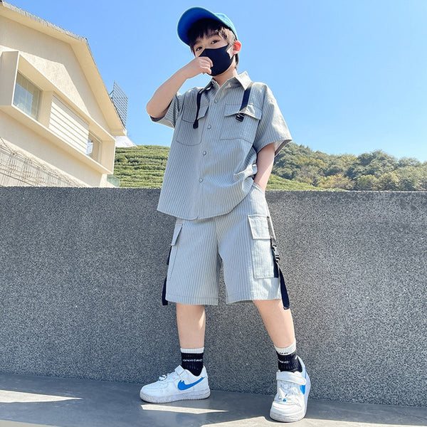 2022 Children Pocket Outfit Suit Cool Big Boys Striped Clothes Summer Teens Boys Shirt+Shorts 2PCS Clothes Sets 5 To 14Years Old ZopiStyle