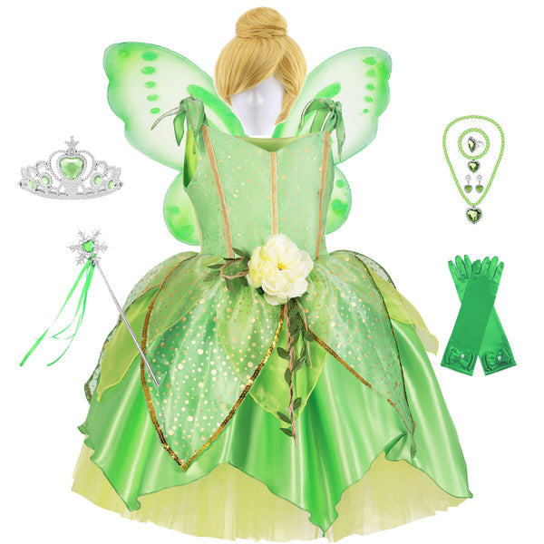 Tinkerbell Dress For Baby Girls Forest Fairy Costume Green Leaf Glitter Princess Clothes Kid 3-7 Yrs New Year Luxury Tulle Frock ZopiStyle
