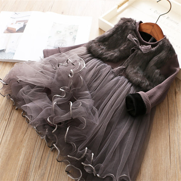 Children Girls Tulle Dress Long Sleeves Fake Two Pieces Fluff Princess Dresses Kids Keep Warm Tutu Prom Girl Party Girl Clothing ZopiStyle