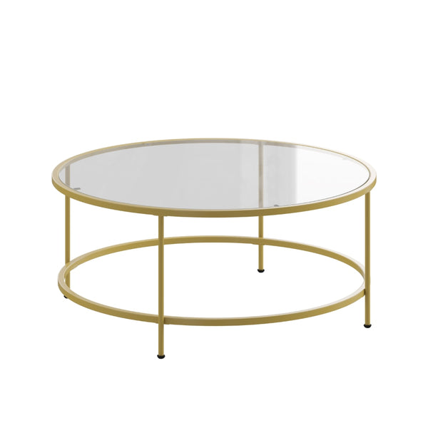 BOUSSAC Astoria Collection Round Coffee Table - Modern Clear Glass Coffee Table with Brushed Gold Frame ZopiStyle