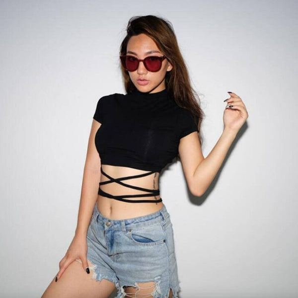 Vintage Women Black Short T-Shirt Sexy Cross Lace-up Crop Top Female Short Sleeve Slim Solid Color O Neck Shirts Streetwear ZopiStyle