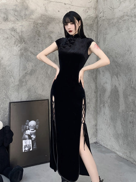 Goth Dark Romantic Gothic Velvet Aesthetic Dresses Vintage Women Black Bandage SlitHem Bodycon Dress Sexy Evening Wear Cheongsam ZopiStyle