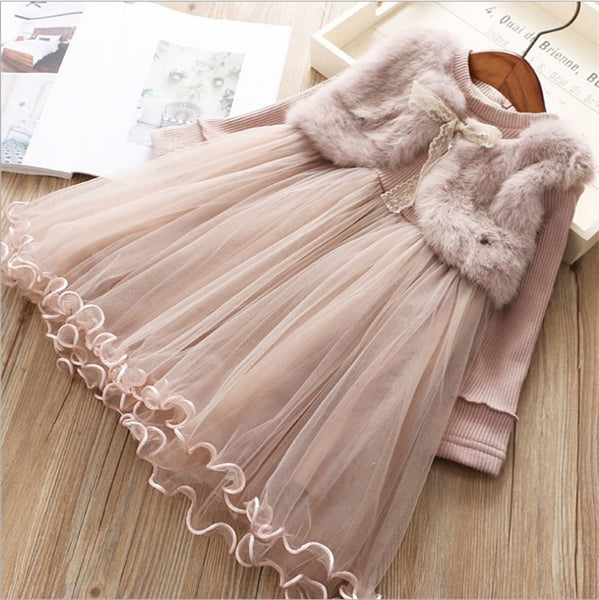 Children Girls Tulle Dress Long Sleeves Fake Two Pieces Fluff Princess Dresses Kids Keep Warm Tutu Prom Girl Party Girl Clothing ZopiStyle