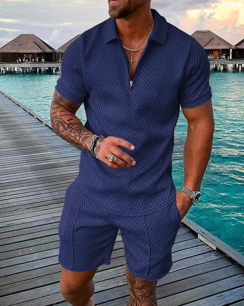 2022 New Men&#39;s Suit 3D Color Stitching Print Summer Short Sleeve Polo Shirt Shorts Suit Fashion Zipper Polo Shirt Two Piece Set ZopiStyle