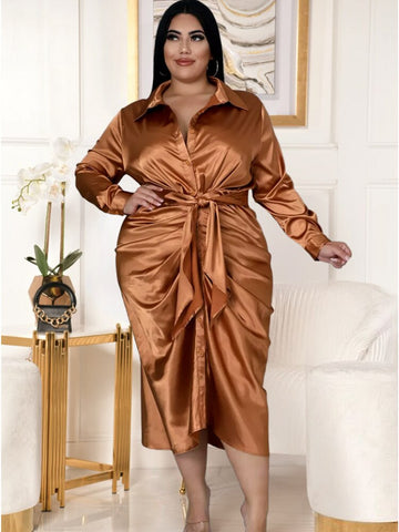 Fashion plus-size women Pleated and strappy shirt dress ZopiStyle
