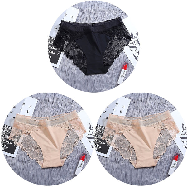 3Pcs/Lot Lace Women&#39;s Panties Sets Ice Silk Seamless Underwear Female Transparent  Briefs Mid-Rise Lady Panty Woman Lingerie ZopiStyle