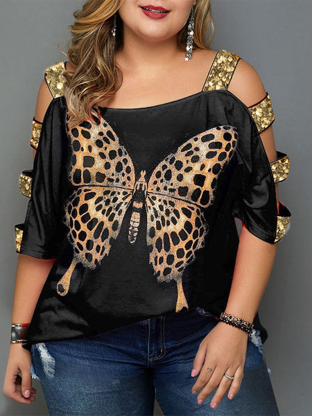 Plus Size Tops Woman 2023 Summer Female Sequined Hole Sleeve Butterfly Print Chic Elegant Tee Shirt Loose Big Size Blouse ZopiStyle