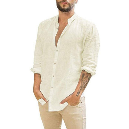 Cotton Linen Hot Sale Men&#39;s Long-Sleeved Shirts Summer Solid Color  Stand-Up Collar Casual Beach Style Plus Size ZopiStyle