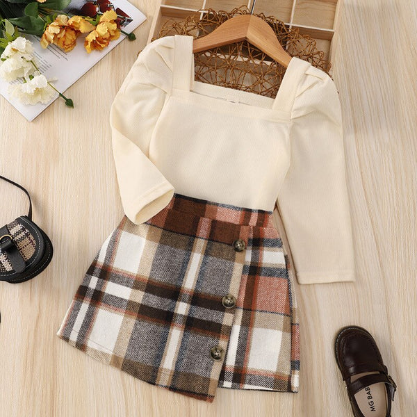 Toddler Kids Baby Grls Autumn Spring Full Sleeve Solid Top Shirts Plaid Buttons Skirts Children Fashion Clothes Set 2pcs 1-8Y ZopiStyle