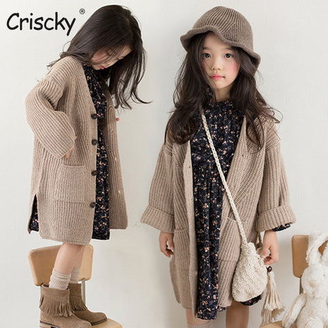 Criscky 2022 New Kids Clothes Single Breast Girls Cardigans Sweater Long Style England Style Cardigans Knitted Sweater Winter ZopiStyle