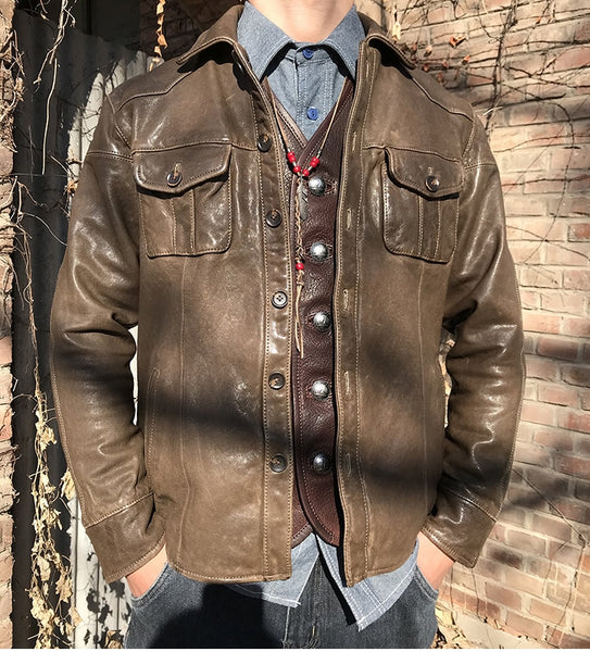 Free shipping.Popular in Korea style vintage brown tanned sheepskin leather jacket.slim casual genuine leather coat.천연가죽 ZopiStyle