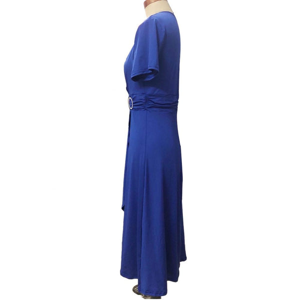 Elegant Women Solid Color Short Sleeve V Neck Asymmetric Hem Waist Tight Midi Party Dress Ladies Evening Vestidos ZopiStyle