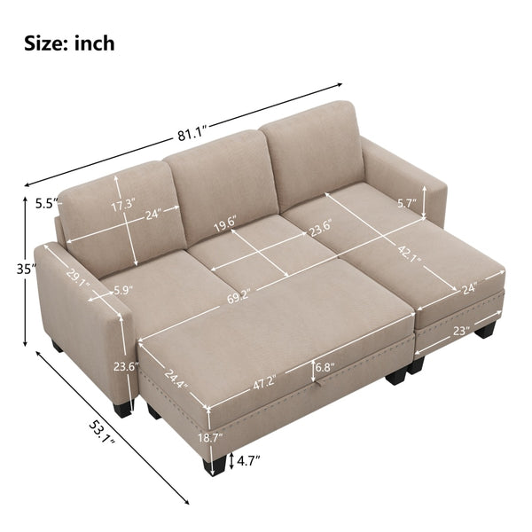 81&quot;Reversible Sectional Couch with Storage Chaise L-Shaped Sofa Apartment Sectional Set  3 pieces Sofa Set,Warm Grey ZopiStyle